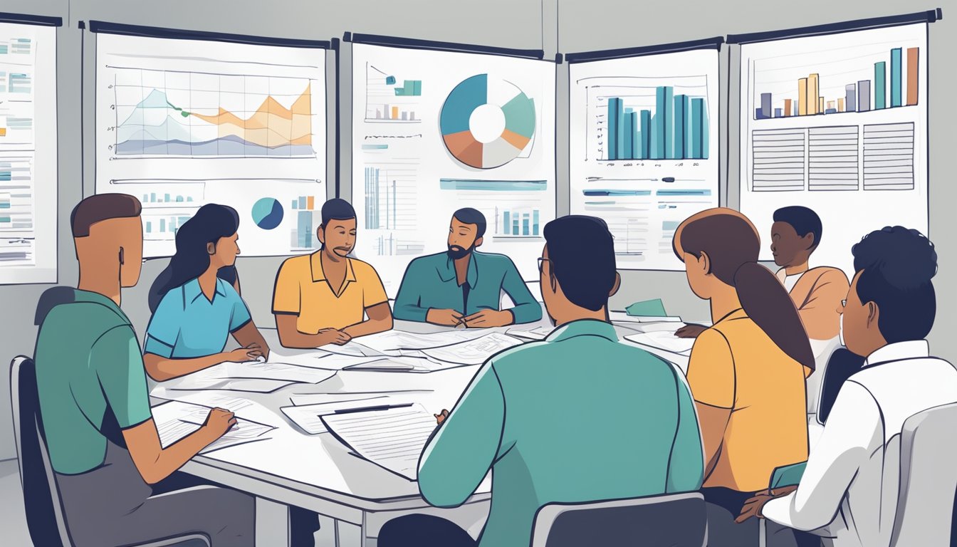 A group of people discussing and brainstorming ideas around a table filled with papers and documents, with a large whiteboard in the background covered in charts and graphs related to educational policies