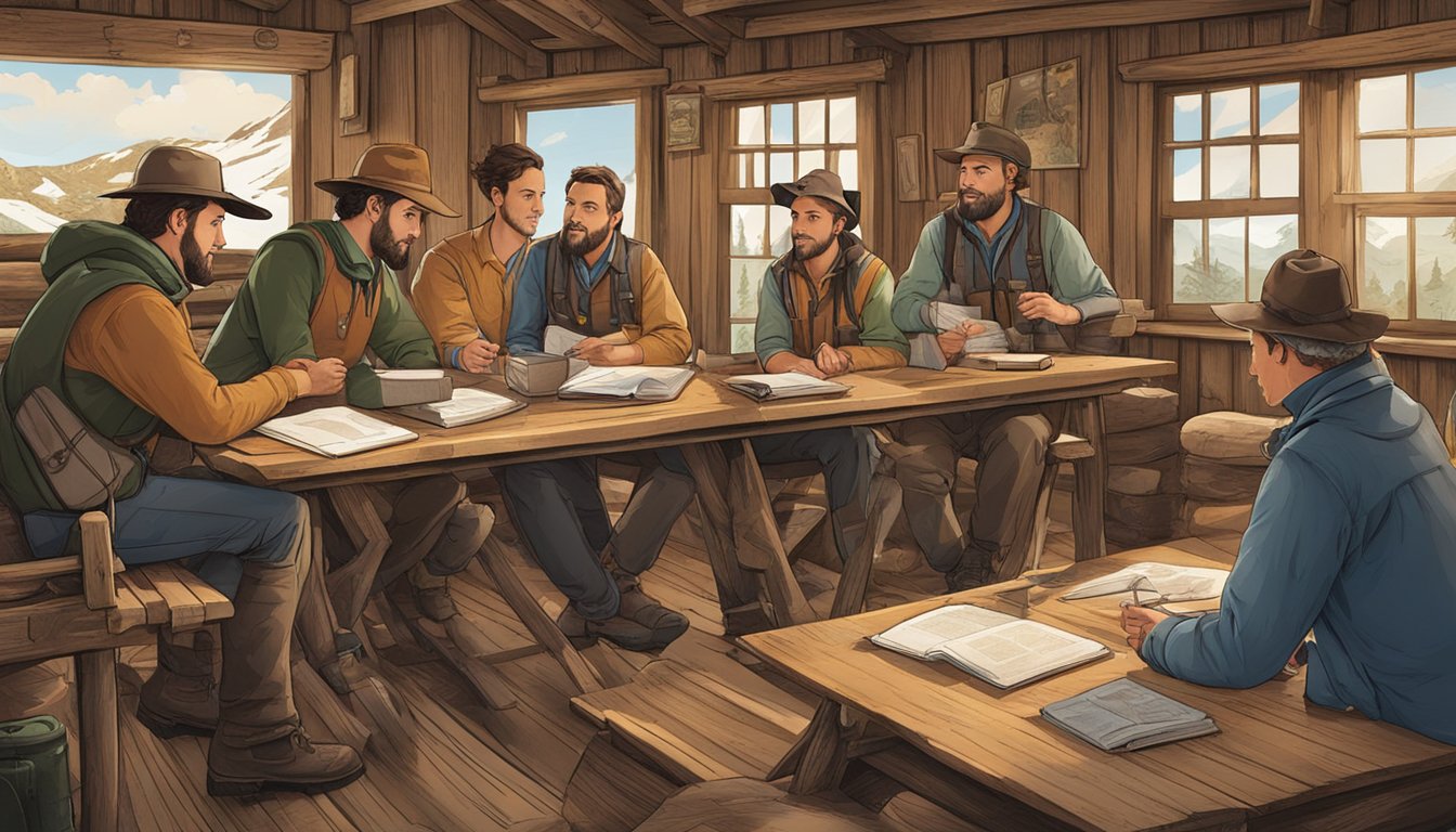 A group of educators discussing curriculum in a rustic cabin, surrounded by hunting gear and maps