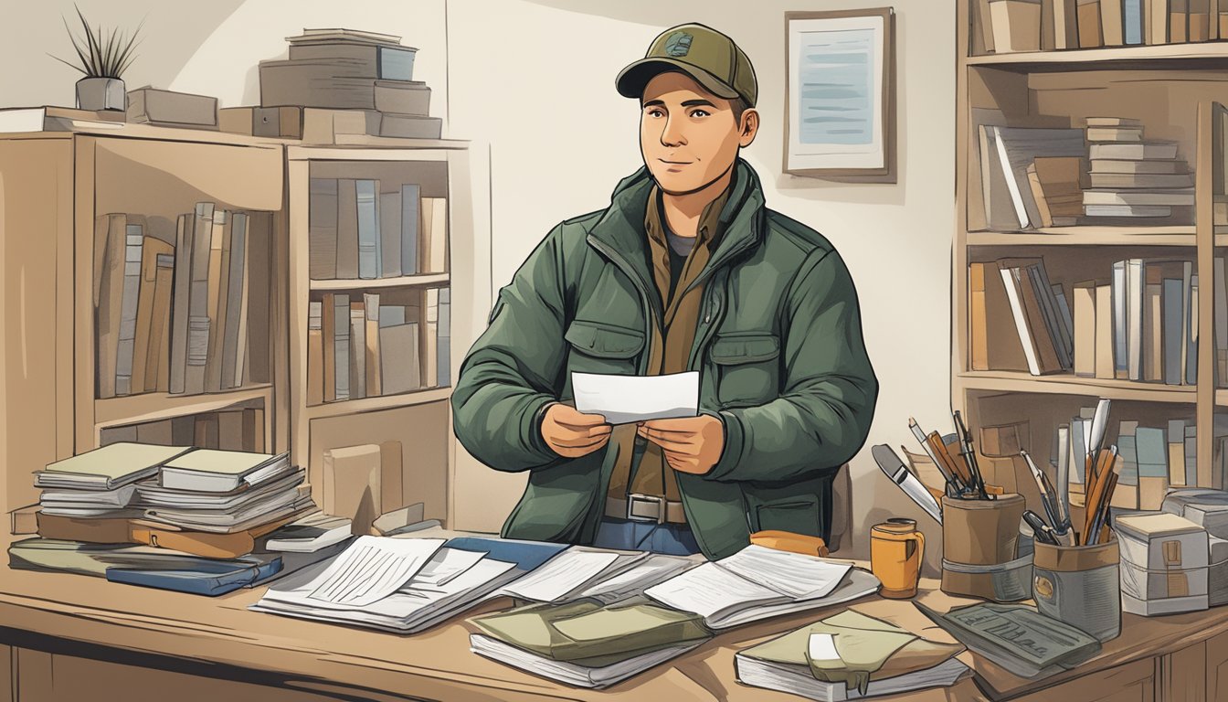 A hunter holding a hunting license, surrounded by educational materials and paperwork for a deferral