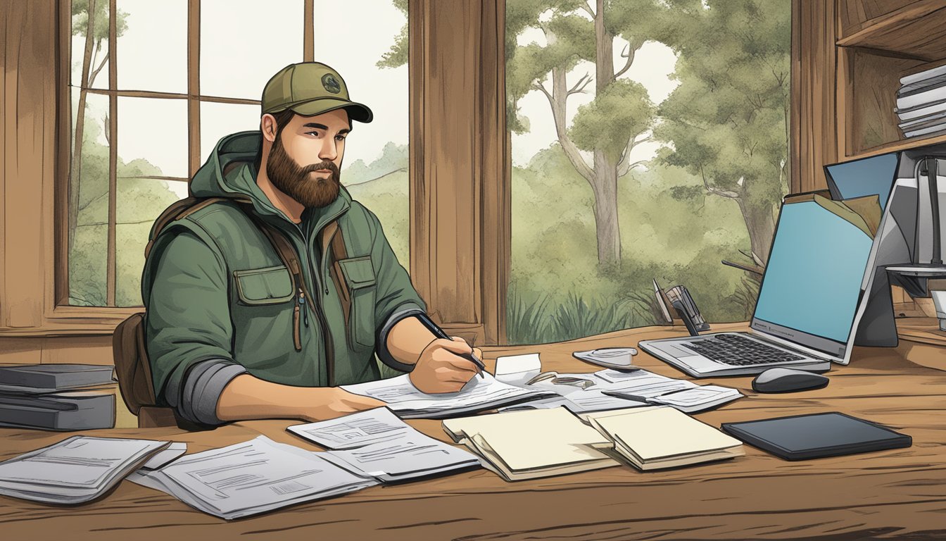 A hunter sitting at a computer, filling out paperwork for a deferral program. A hunting safety manual and certificate displayed nearby