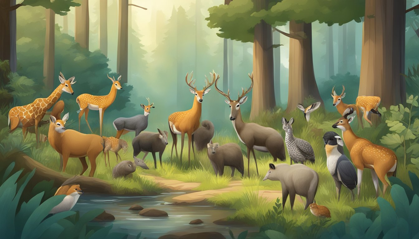 A group of diverse wildlife gathered around an educational sign in a peaceful forest clearing