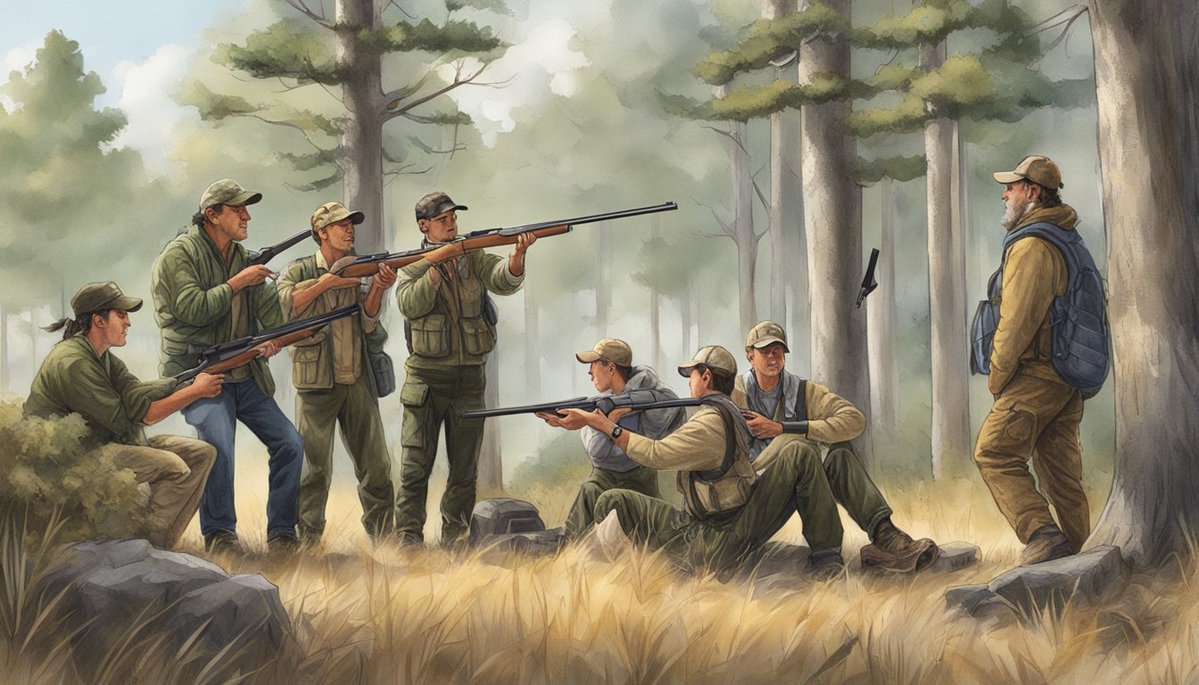 A group of individuals participating in a hunter education program, with instructors providing guidance and information