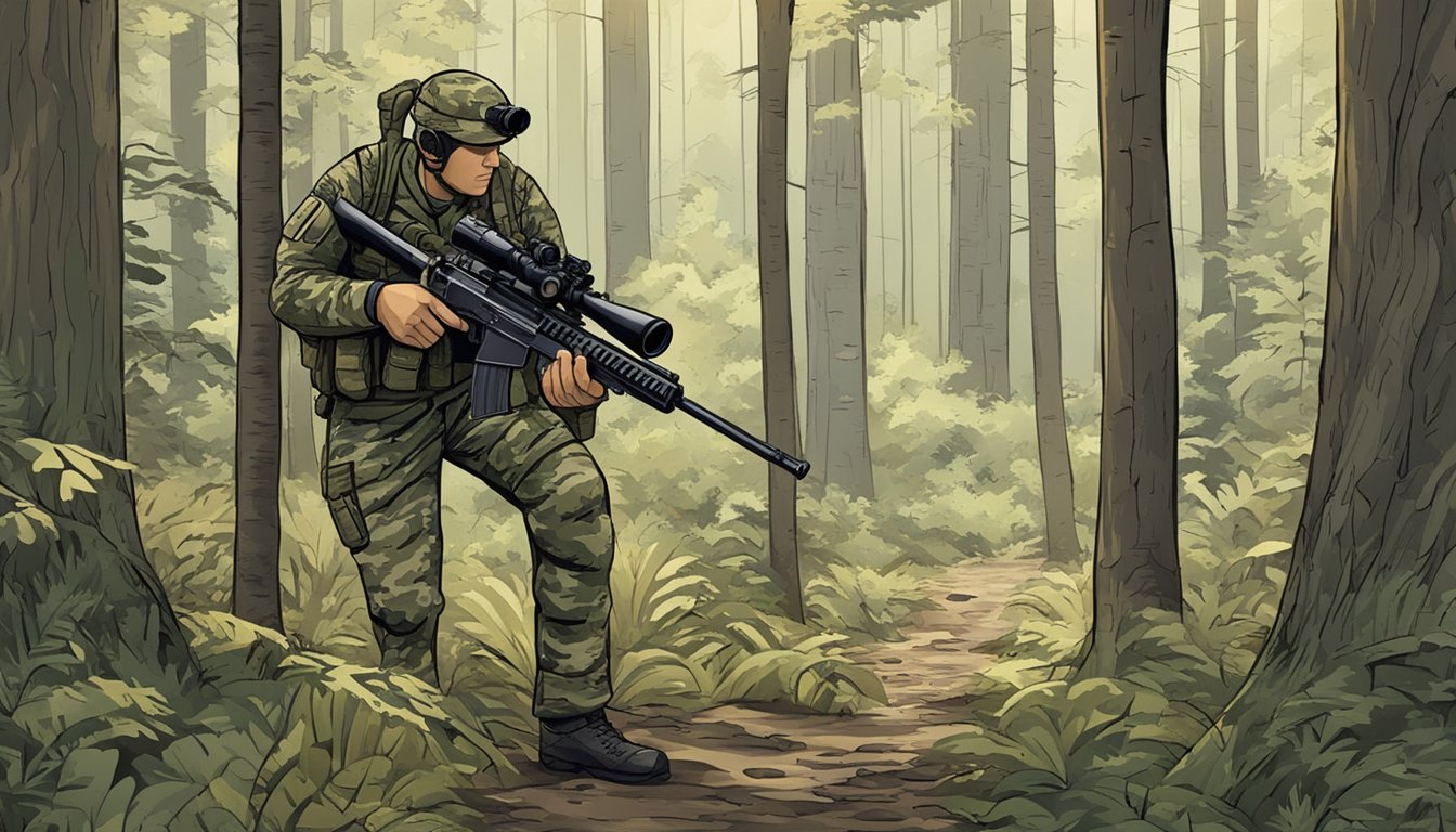 A camouflage-clad figure stands in a forest, holding a rifle and scanning the area for targets. A sign nearby indicates "Military and Special Exemptions hunter education deferral."