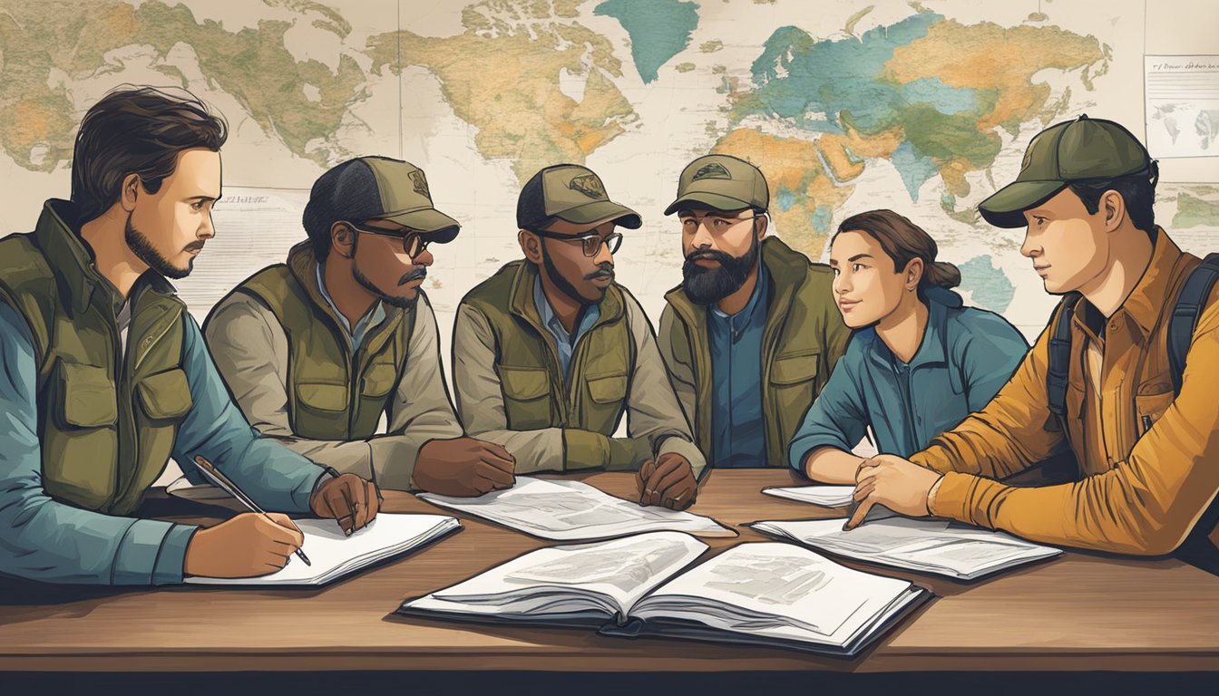 A group of wildlife experts gather around a table, discussing and planning for the upcoming year's hunter education initiatives. Charts and maps cover the walls, showcasing their dedication to preserving the legacy of hunting and conservation