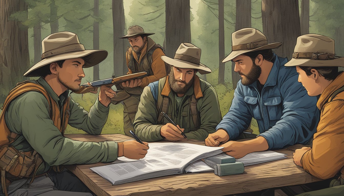 A group of hunters gather around a table, receiving educational materials and resources. A sign advertises the option for hunter education deferral