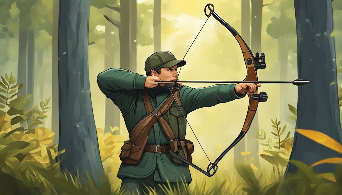 A hunter aiming a bow at a target in a forest clearing