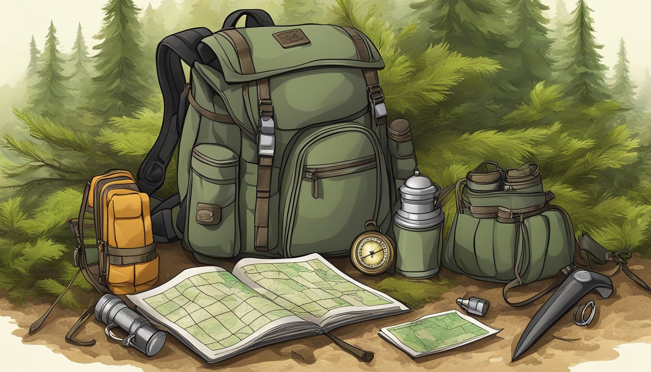 A hunter's backpack with survival gear, a compass, and a map laid out on a forest floor