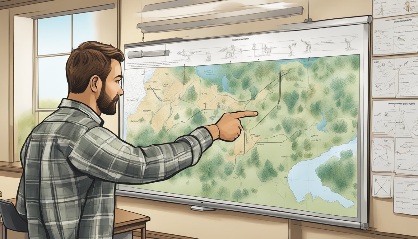 A hunter education instructor pointing to diagrams of hunting incidents on a classroom whiteboard