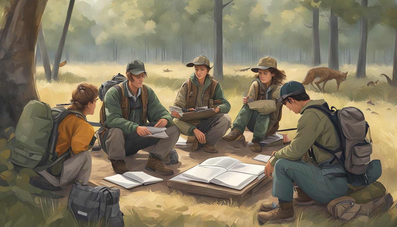 A group of students studying outdoors with hunting gear and educational materials spread out on a table. A knowledgeable instructor leads the class