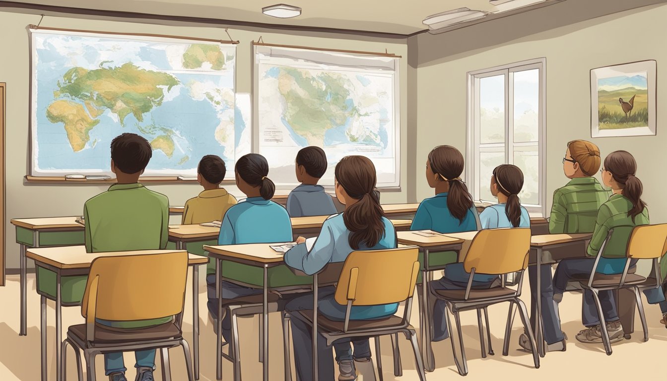 A group of young students sitting in a classroom, listening to an instructor talk about legal and ethical considerations in a hunter education course. Wildlife posters decorate the walls