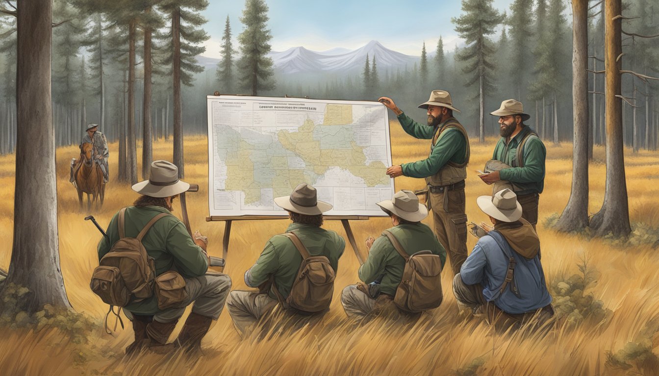 A group of hunters studying a large poster detailing legal requirements and regulations for hunter education deferral