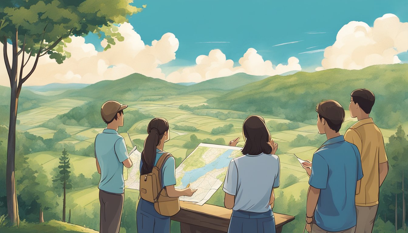 A group of young people gather around a signpost, examining a map of the local area. A forested landscape stretches out behind them, with a clear blue sky overhead