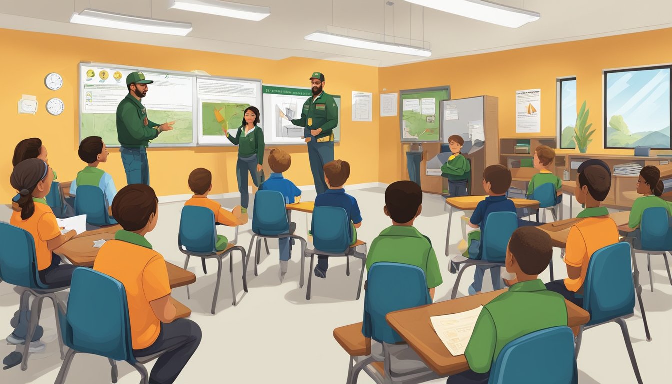 A group of hunter education instructors teaching students about safety and regulations in a classroom setting with visual aids and interactive demonstrations