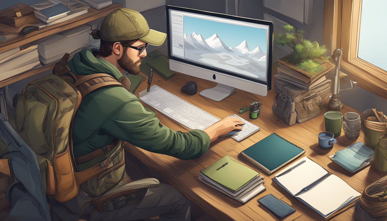 A hunter sitting at a desk with a computer, surrounded by educational materials and hunting gear