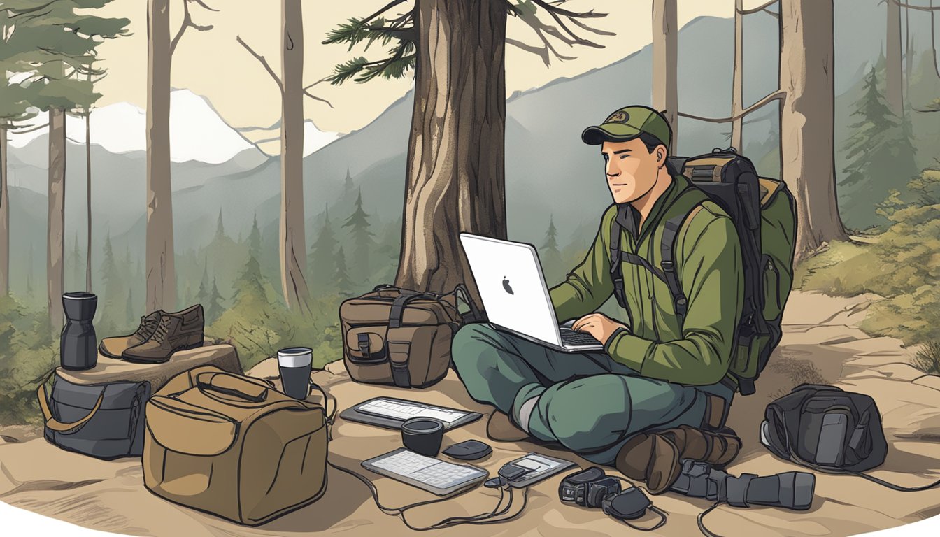 A person completing an online hunter education deferral course, surrounded by outdoor gear and a computer