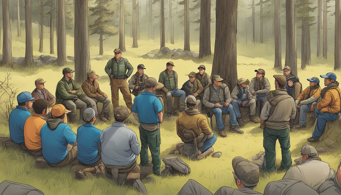 A group of hunters gather around an instructor, listening attentively as they learn about the special considerations for the hunter education deferral program