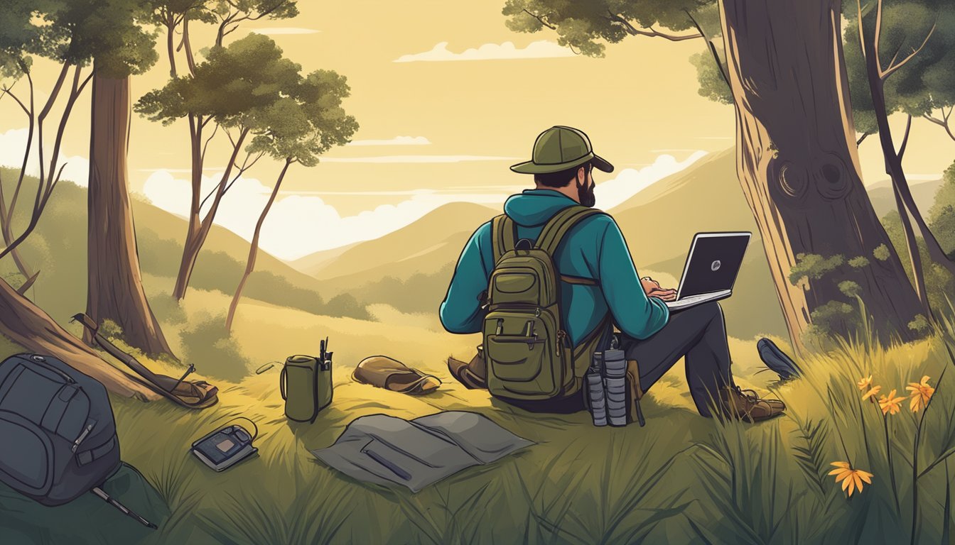 A hunter completing an online course while surrounded by nature, with a laptop and field gear nearby