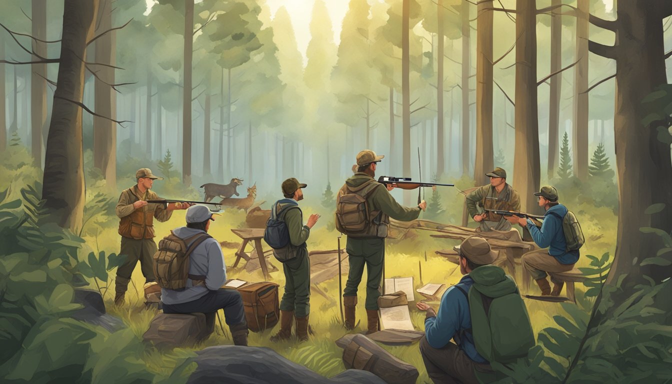 A hunter education instructor teaching a class in a forest clearing, surrounded by various hunting gear and wildlife illustrations