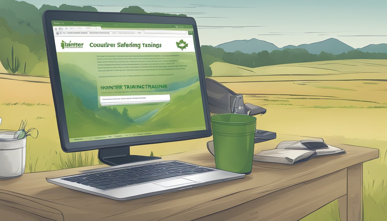 A computer screen displaying a hunter safety training website, with a person completing the online course