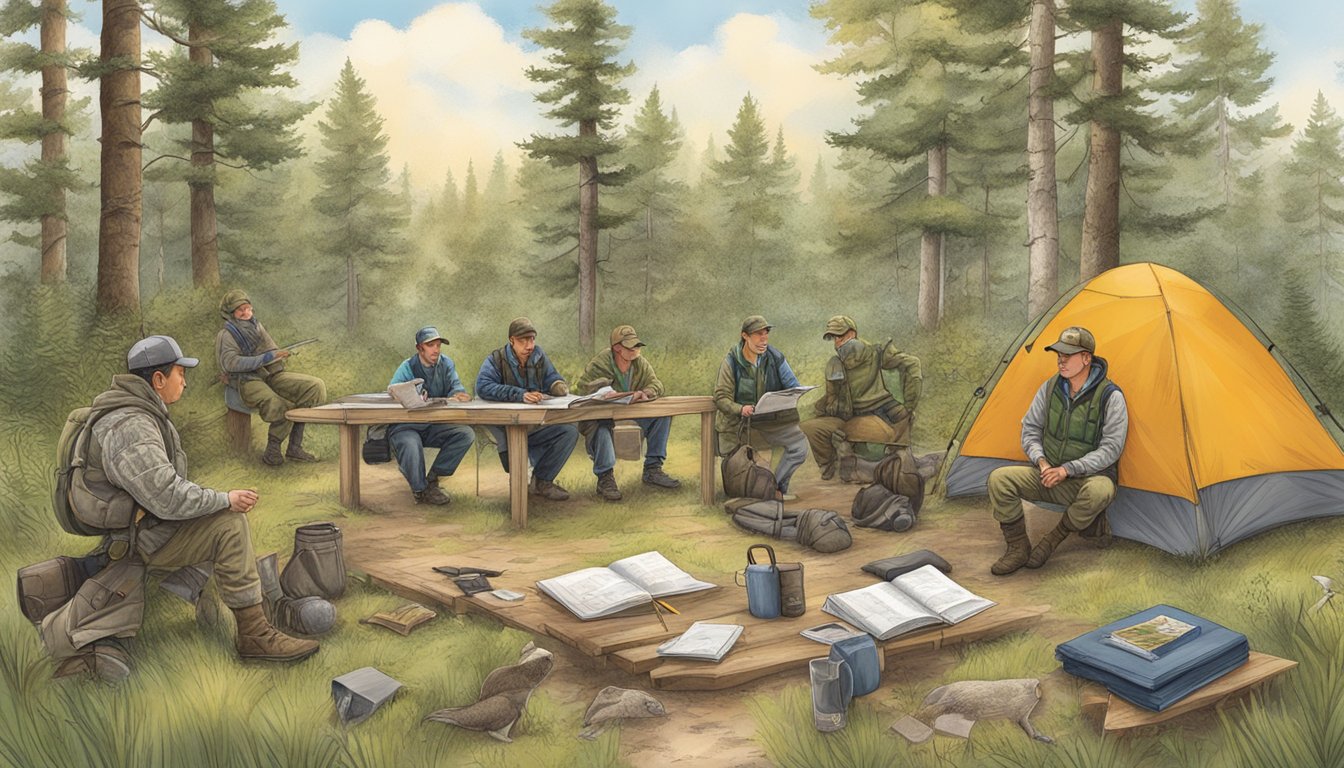 An outdoor classroom with hunting gear, maps, and wildlife illustrations