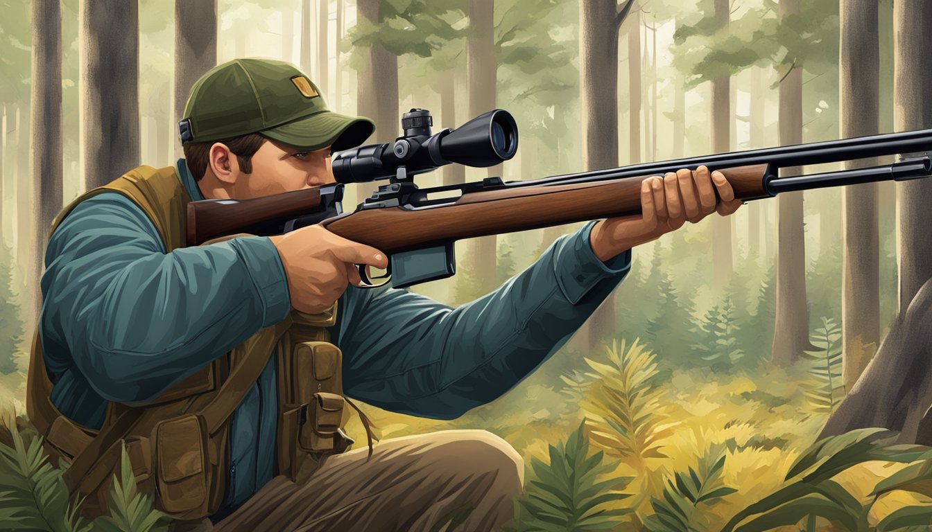 A hunter aiming a rifle at a target in a wooded area