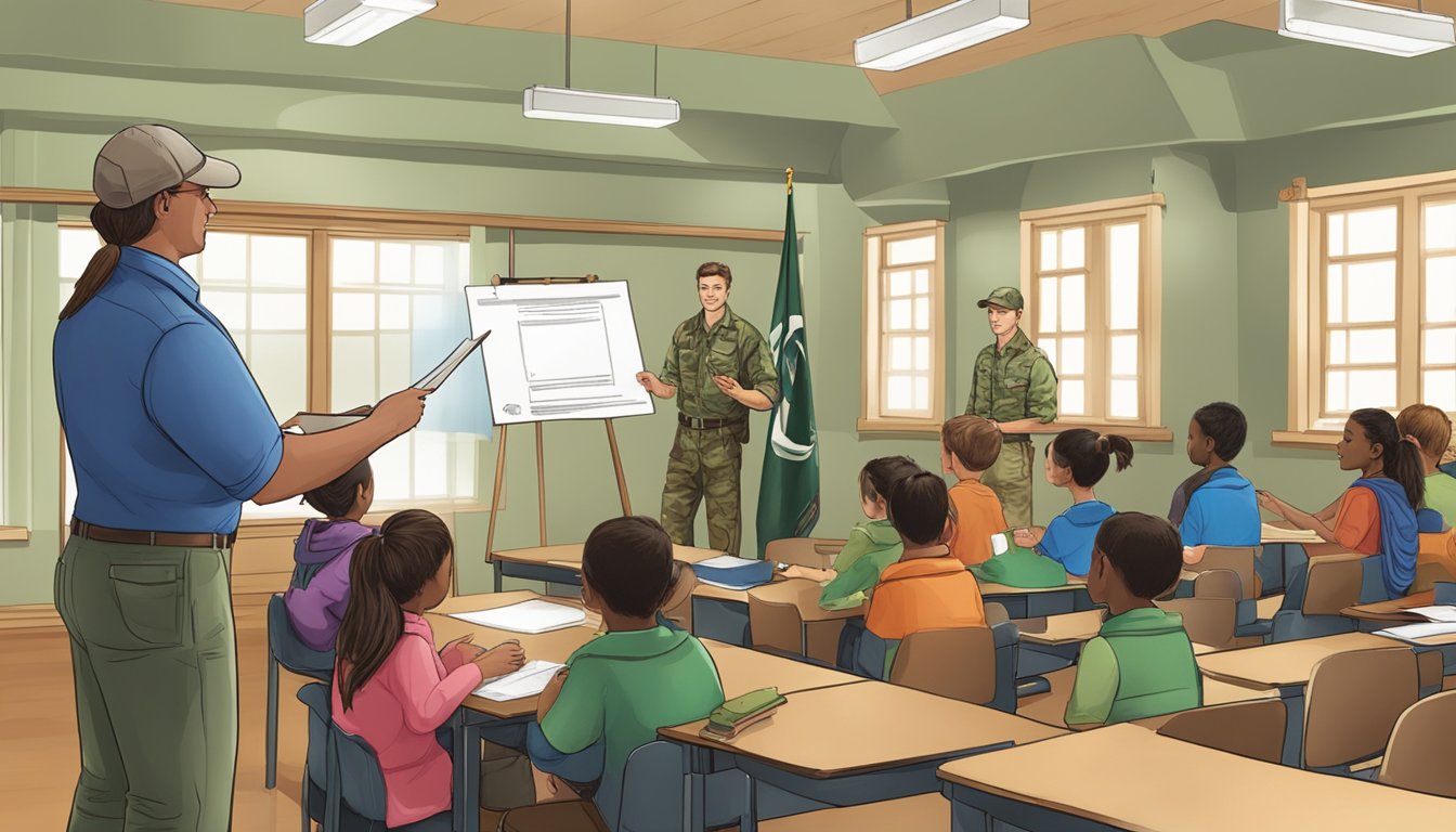 A hunter education instructor presenting a certificate to a group of students in a classroom setting