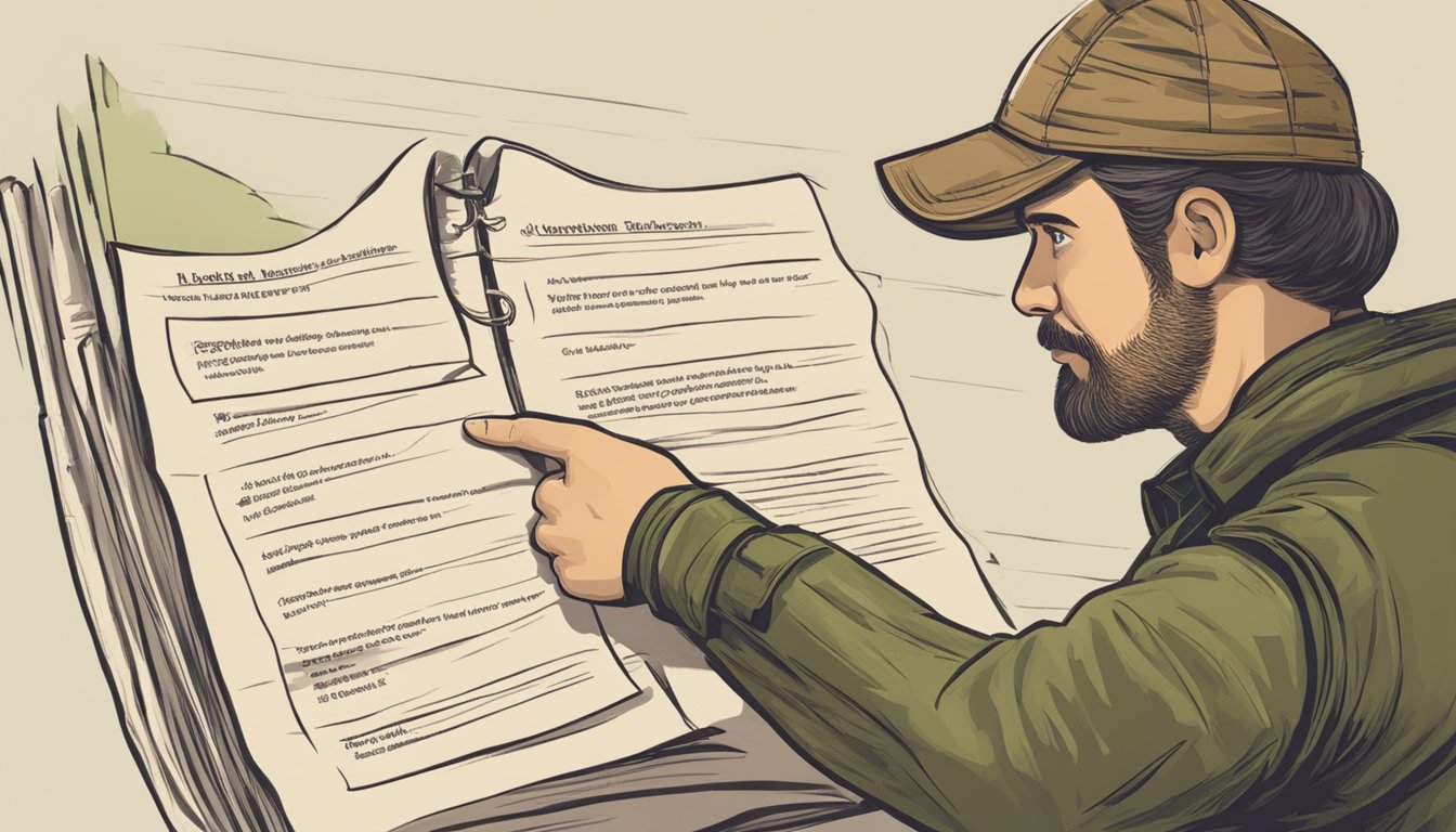 A hunter education instructor pointing to a list of topics, with a question mark over the one about legal and ethical hunting