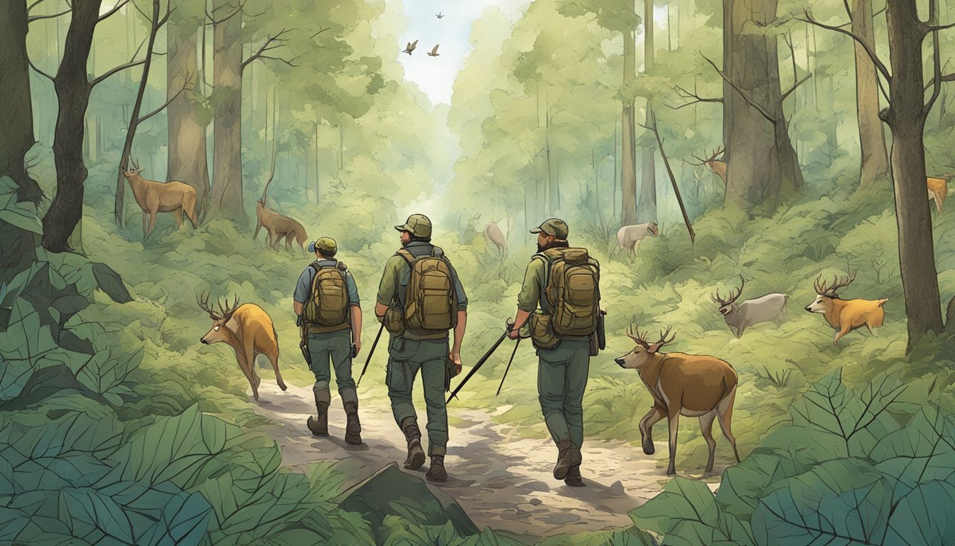 A group of hunters navigating through a dense forest, using compasses and maps to find their way. They are surrounded by various wildlife and natural obstacles