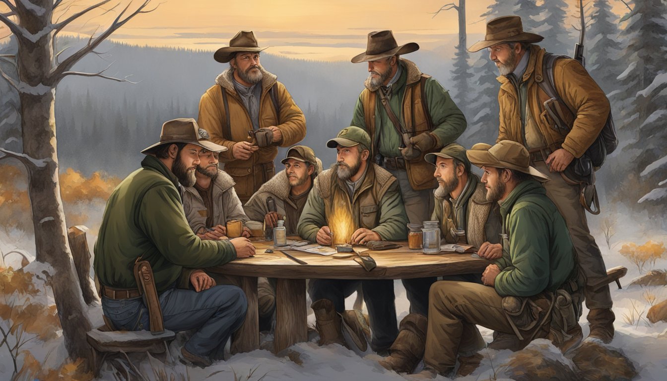 A group of hunters gather around a table, discussing their membership benefits and discounts for hunter education materials