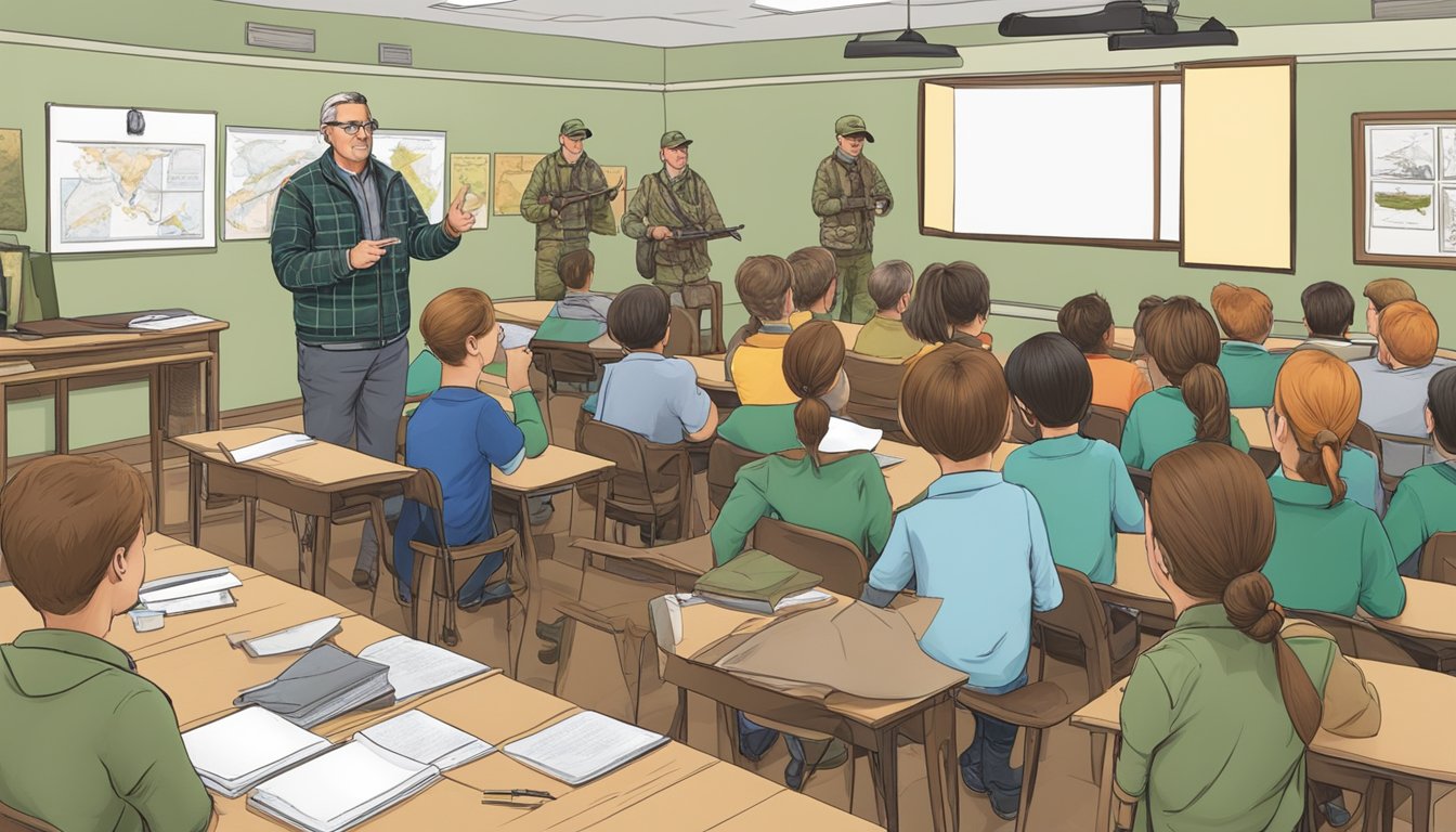 A hunter education instructor lecturing in a classroom with visual aids and hunting gear on display