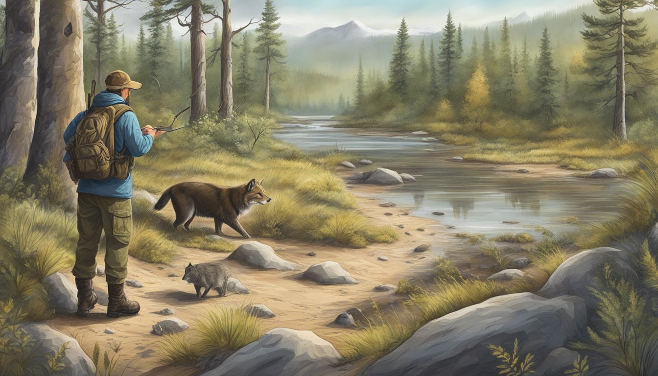 A hunter examining various animal tracks and habitats in the wilderness