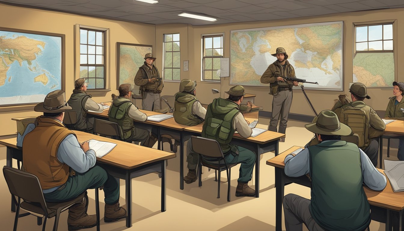 A group of hunters sitting in a classroom, listening to an instructor. Maps, hunting gear, and wildlife posters decorate the walls