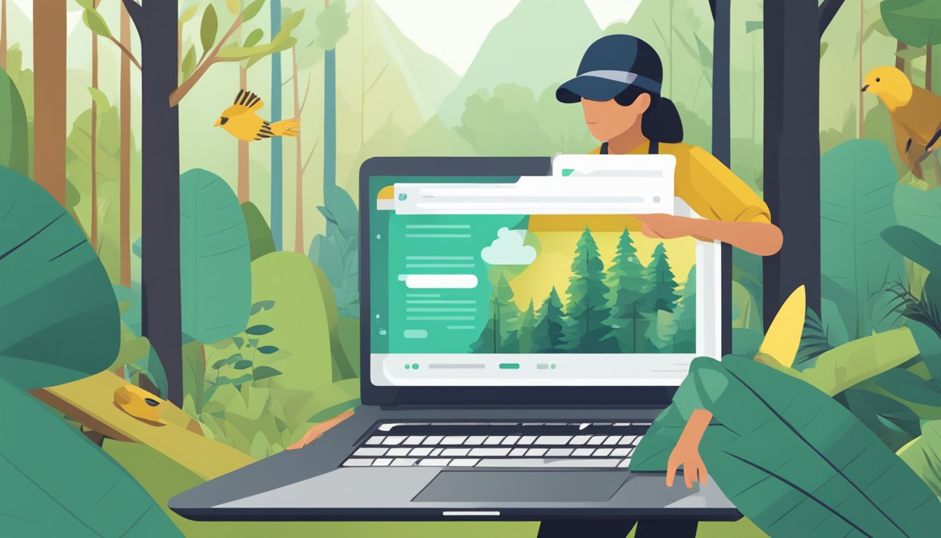 A person using a laptop in a forest, surrounded by trees and wildlife. The laptop screen shows a webpage with "Digital Experience and Privacy hunter education discounts."