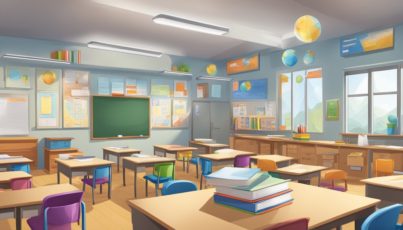 A classroom setting with educational materials, such as textbooks, diagrams, and safety equipment, arranged on desks and walls