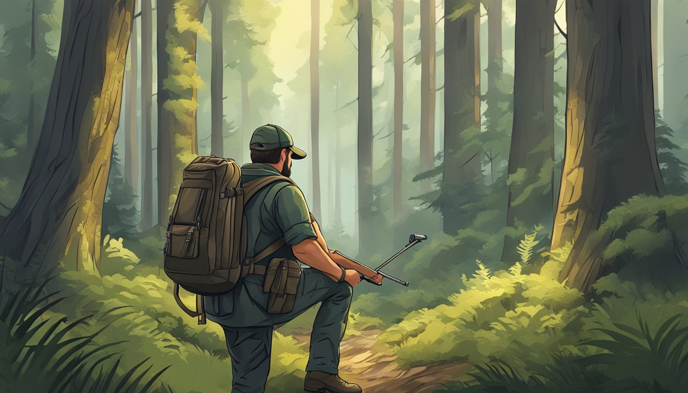 A hunter standing in a forest, checking a backpack for supplies