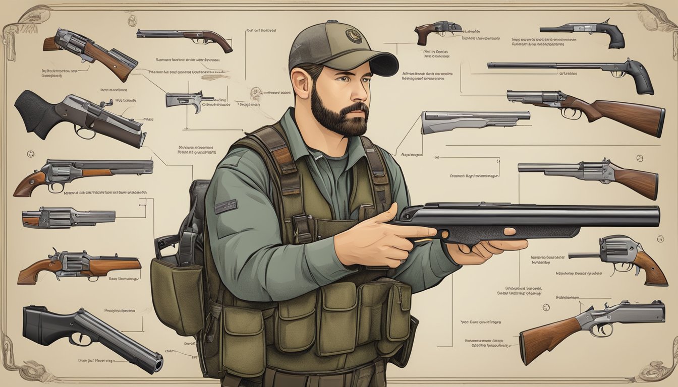 A hunter's safety course instructor pointing to diagrams of various firearm parts and safety procedures