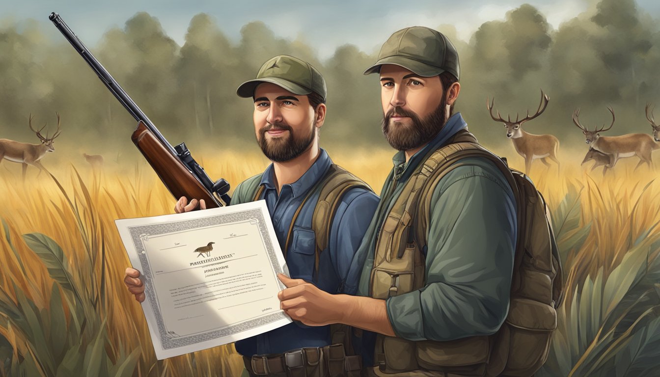 A hunter holding a certificate with a rifle and wildlife in the background