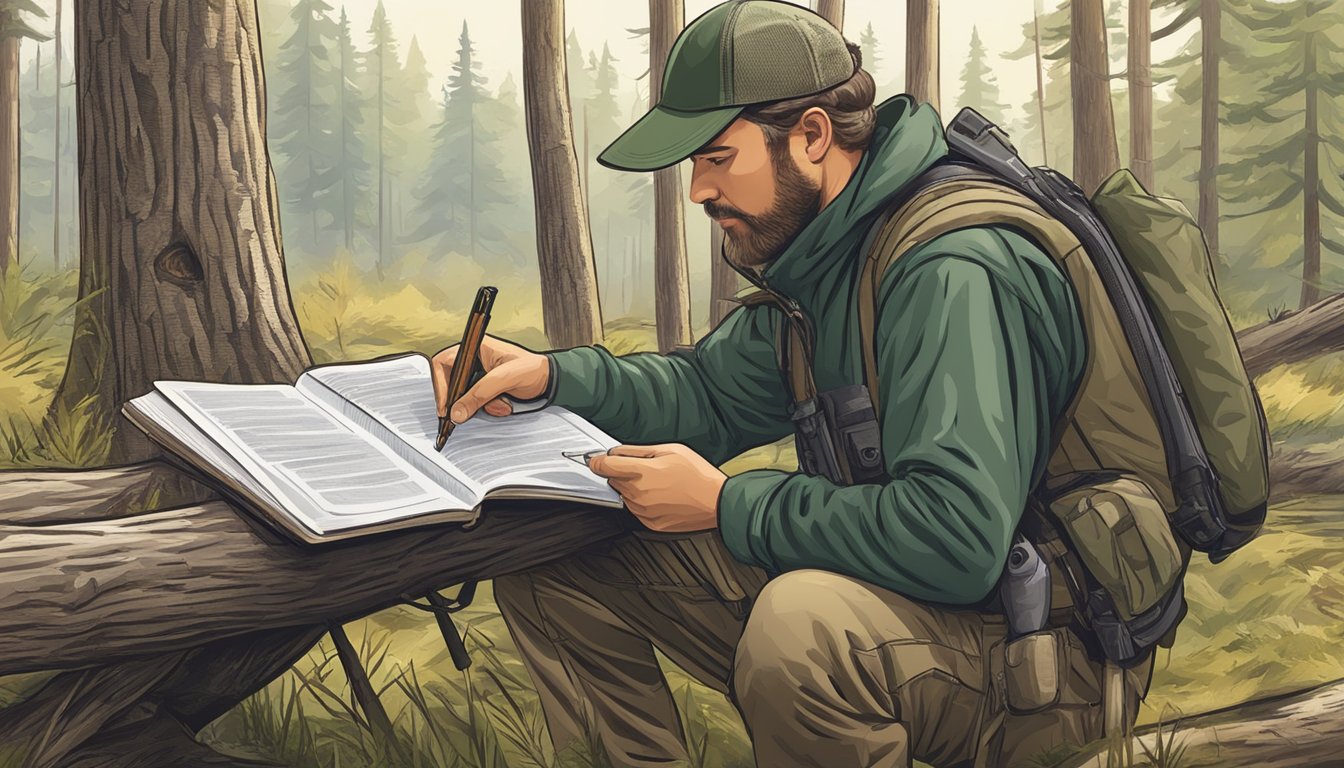 A hunter holding a rifle while studying a wildlife manual under the guidance of an instructor during a Federal Aid in Wildlife Restoration hunter education exam