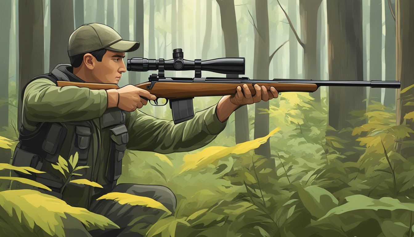 A hunter aiming a rifle at a target in a forest clearing