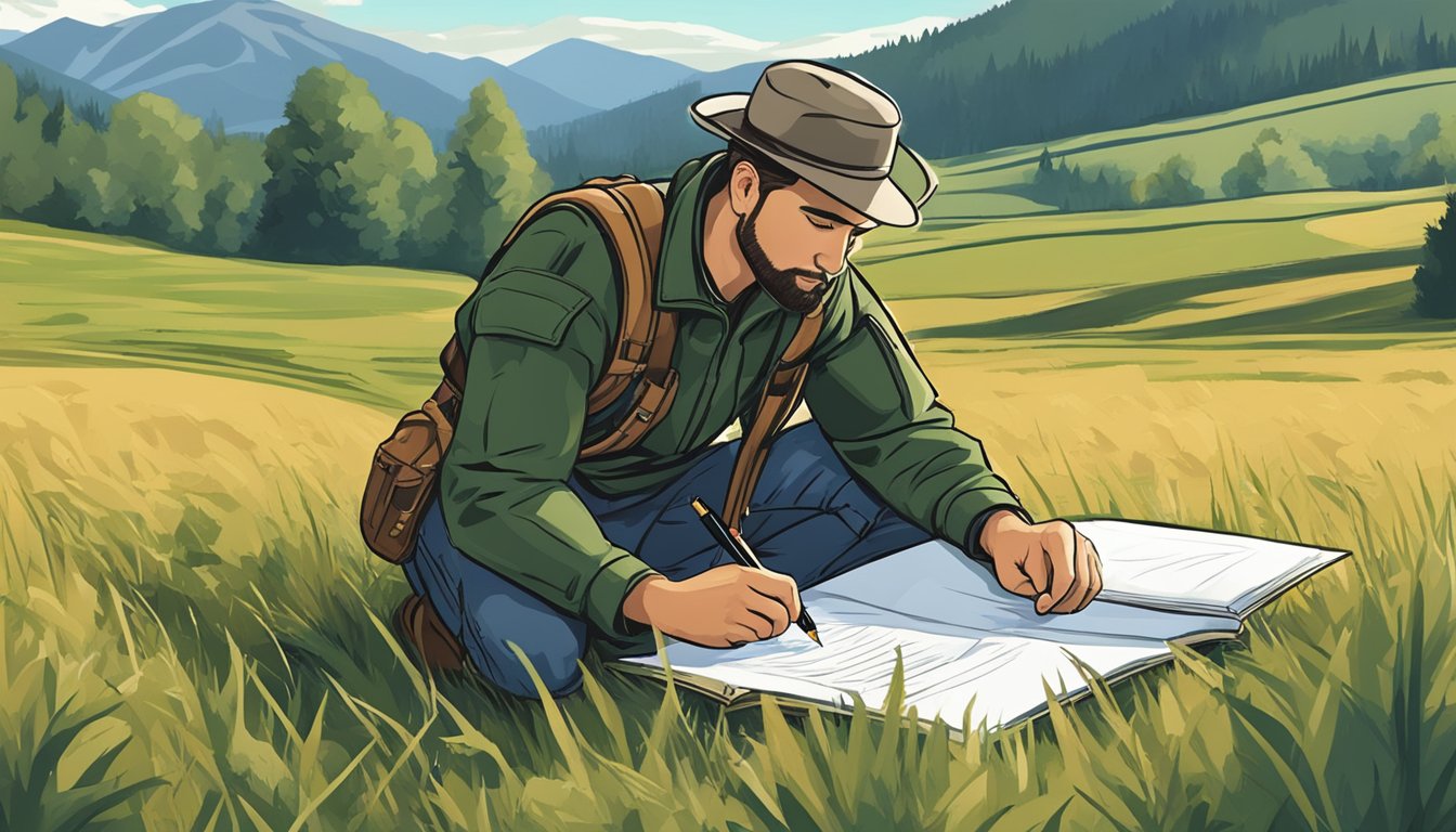 A hunter kneeling in a field, surrounded by nature, with a pen and paper, pondering the answers to the field skills hunter education exam