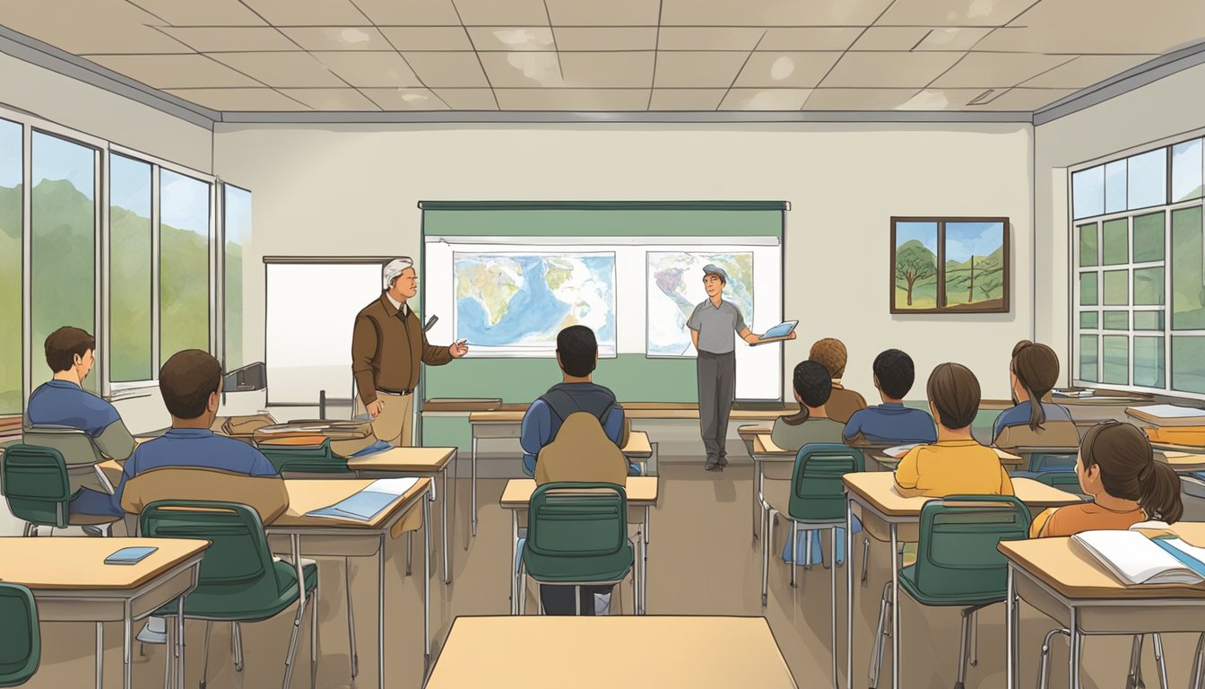 A classroom setting with instructors teaching hunter education. Visual aids and educational materials are displayed