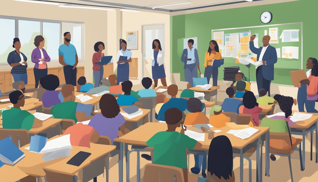 A group of diverse individuals gather in a classroom, surrounded by educational materials and equipment. A federal funding logo is prominently displayed on the wall