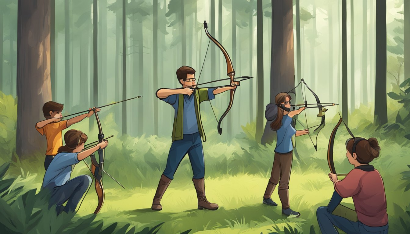 An instructor teaches archery to a group of students in a forest clearing funded by federal hunter education initiatives