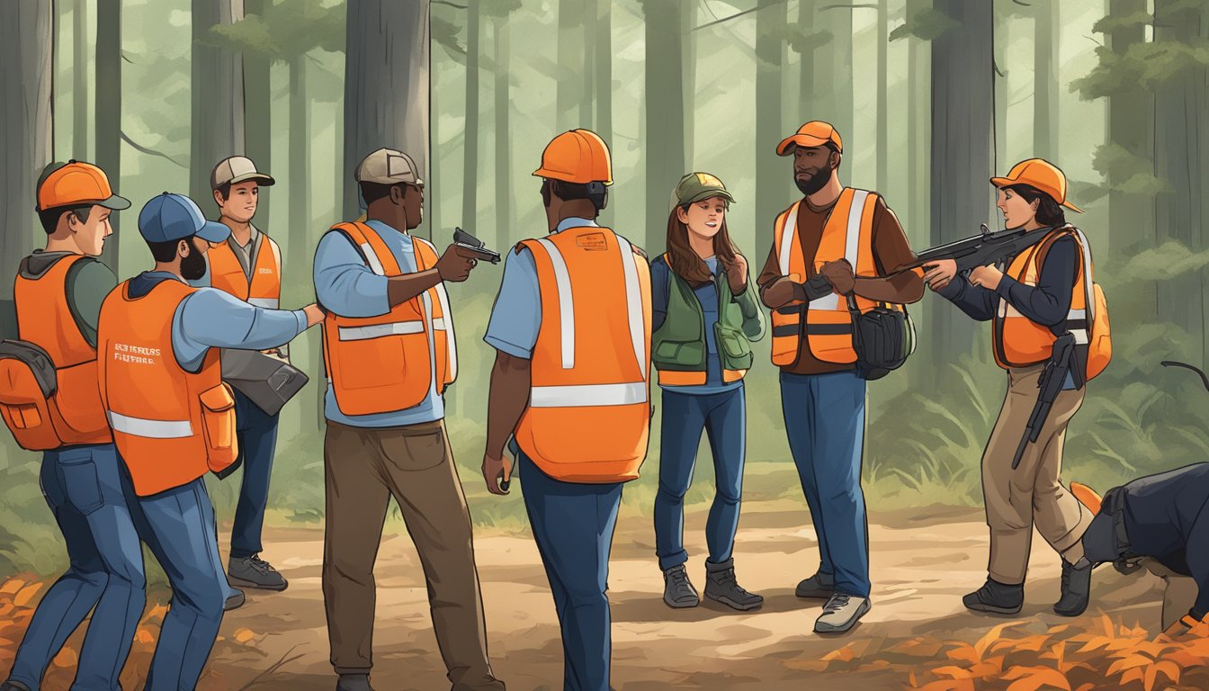 A group of students in hunter orange vests gather around an instructor in a wooded area, practicing firearm safety and wildlife identification