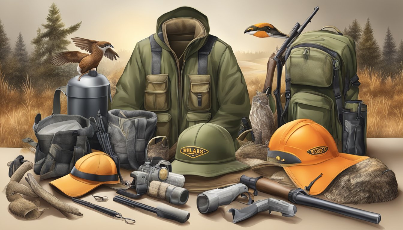 A group of wildlife illustrations with various hunting safety equipment and educational materials displayed