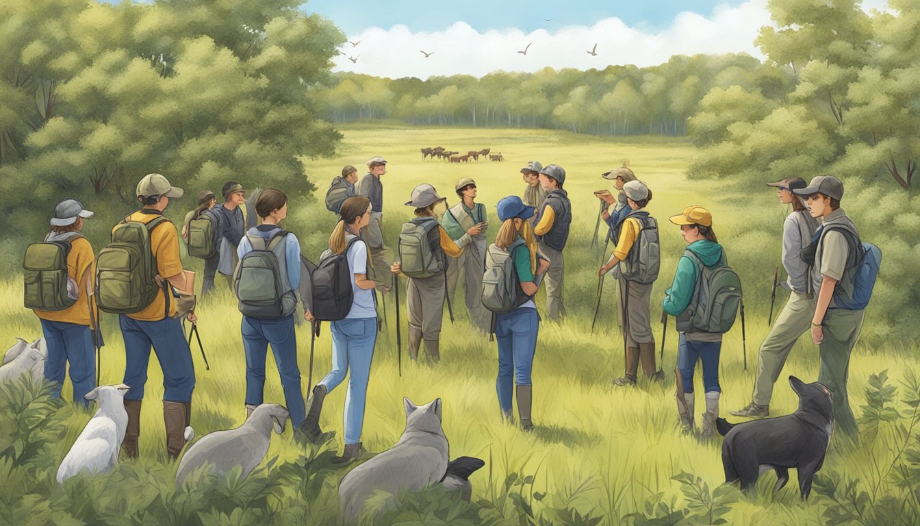 A group of students gather in a field, surrounded by trees and wildlife, as they participate in a hunter education field day