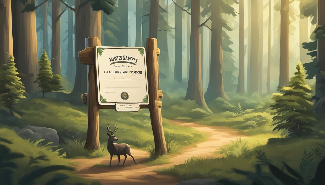 A peaceful forest clearing with a hunter's safety course certificate displayed on a wooden signpost. Surrounding wildlife and trees add to the serene atmosphere