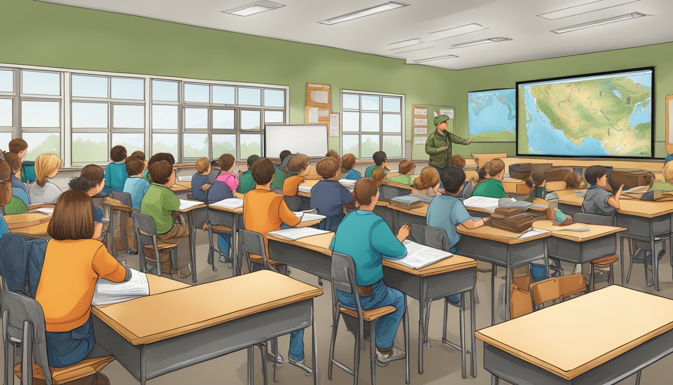 A classroom filled with students, maps, and hunting gear for a hunter education field day