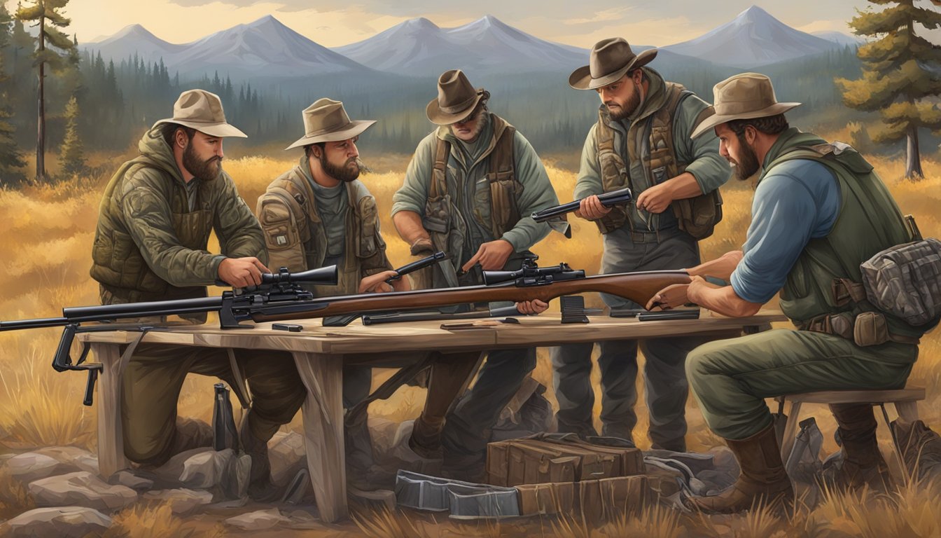 A group of hunters gather around a table with rifles and gear, while an instructor demonstrates firearm safety and hunting techniques