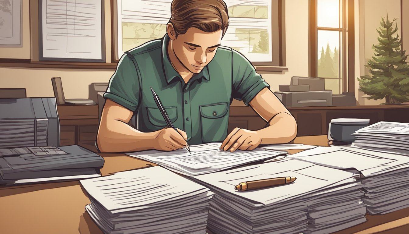 A person filling out paperwork at a government office, presenting documents and identification to obtain a hunting license hunter education exemption